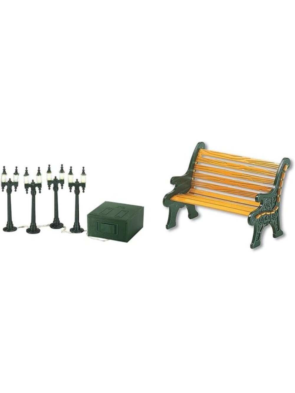 Set of 4 Double Street Lamps & Wrought Iron Park Bench for Village Decor